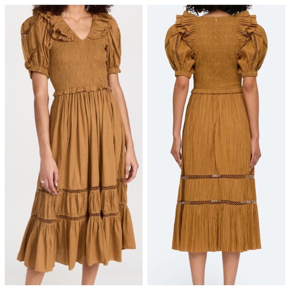 Sea New York Paco Smocked Puff Sleeve Midi Dress in Mustard Sz S - Picture 1 of 13